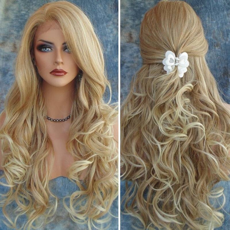 Long Curly Blonde Mix Lace Front Human Hair Blend Wigs Heat Ok Women Natural Wig
