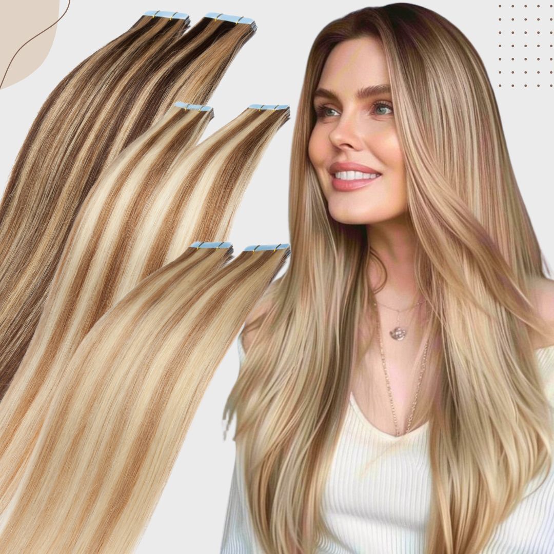 Thick Tape In Remy Human Hair Extensions Skin Weft FULL HEAD Body Wave Balayage