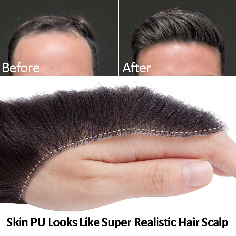 Mens Toupee for Frontal Receding Hairline Real Human Hair V-Looped PU Hairpiece
