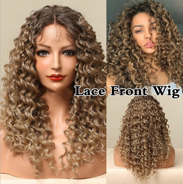 Women Ombre Ash Blonde Curly Lace Front Wigs T Part Kinky Curly Blonde Wigs