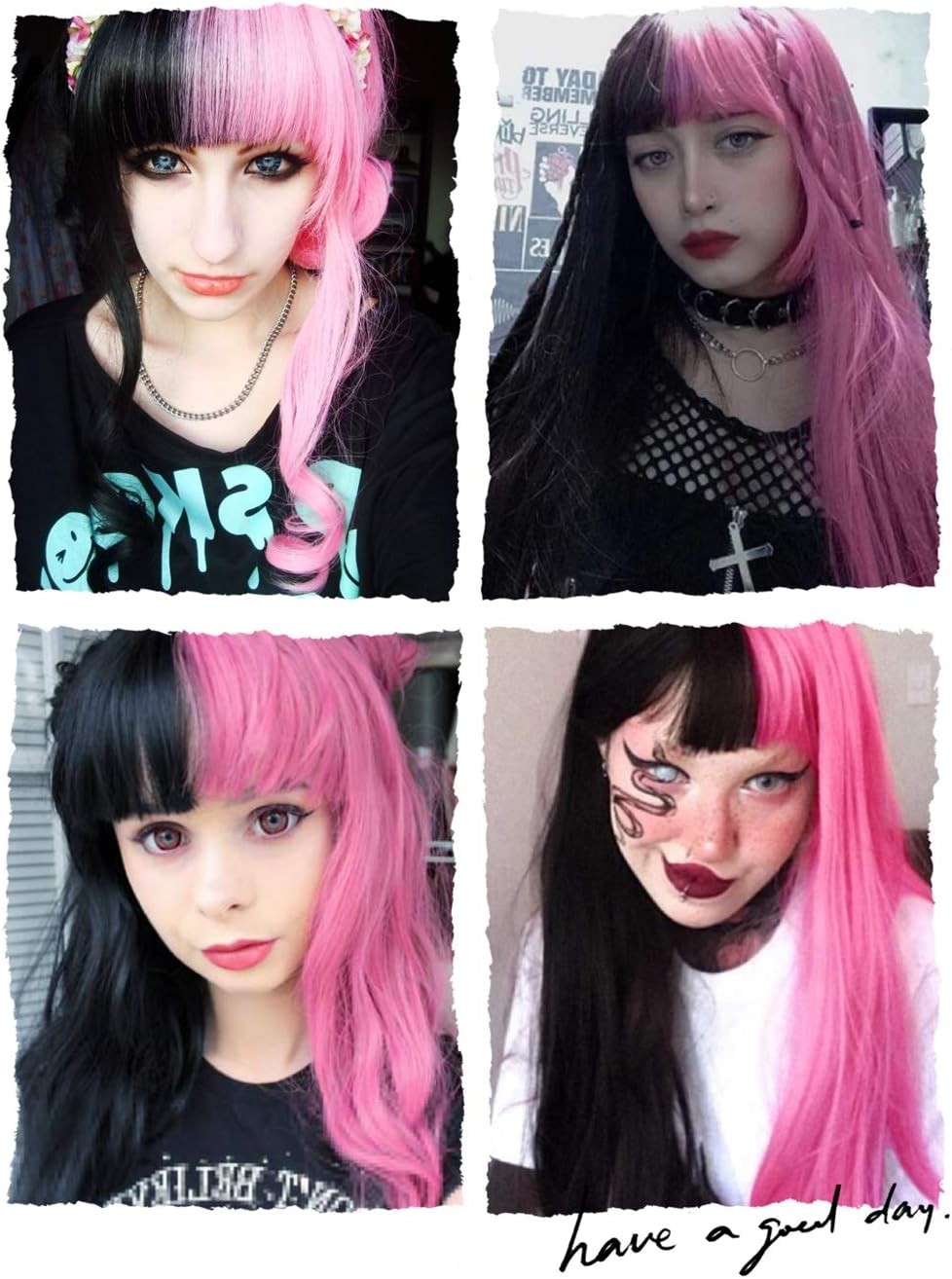 Half Pink Half Black Wavy Wigs Long Curly Wavy Split Synthetic Wig with Bangs Ha