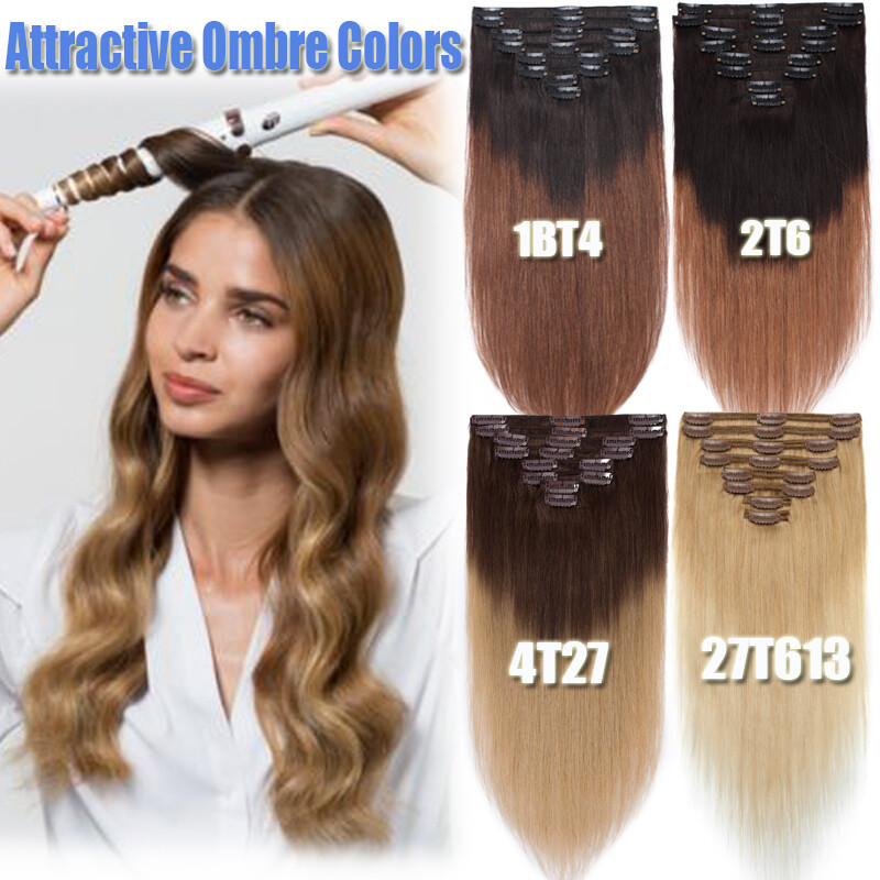 Silky Soft 100% Human Hair Extensions Clip In REMY Full Head 8PCS Mix Blonde US