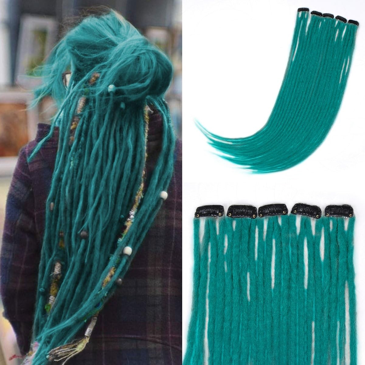 Lounoke 20 Strands 5 Clips In Dreadlock Extensions, 24 inch Teal Green Synthe