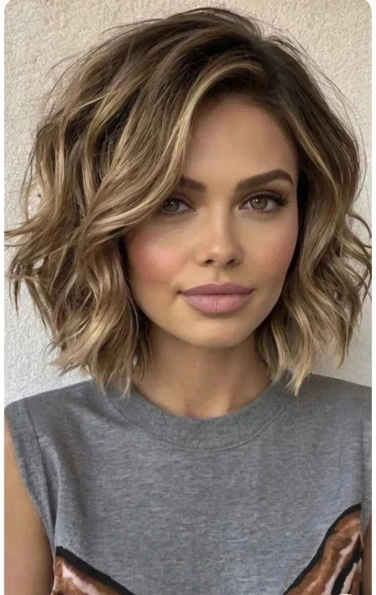 100% Human Hair Fashion Charming Women’s Short Brown Mix Blond Wavy Wigs 12 In
