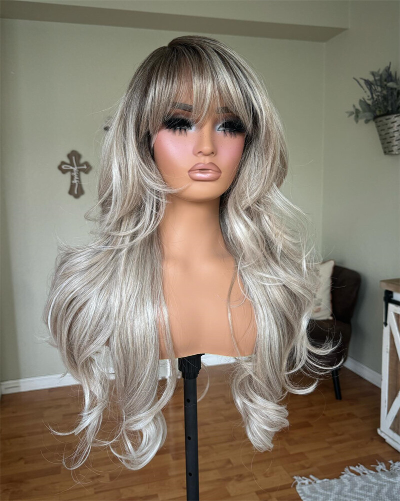Ombre Ash Gray Blonde Wave Wig with Bangs 13×4 Lace Frontal Wigs Remy Human Hair