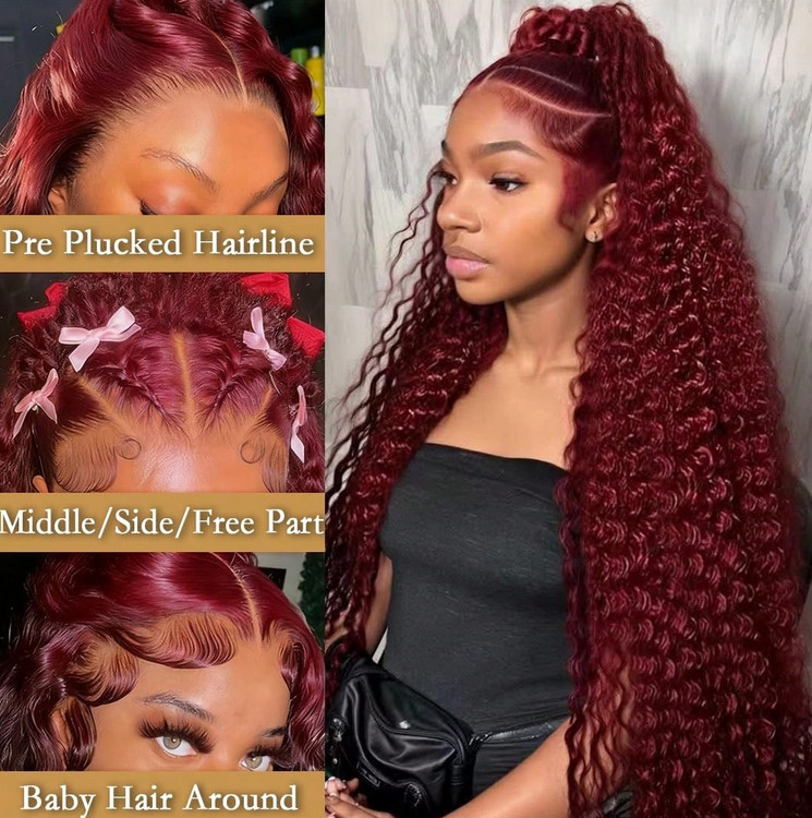 200% Density Burgundy 99J 5×5 Deep Wave Transparent Lace Wigs