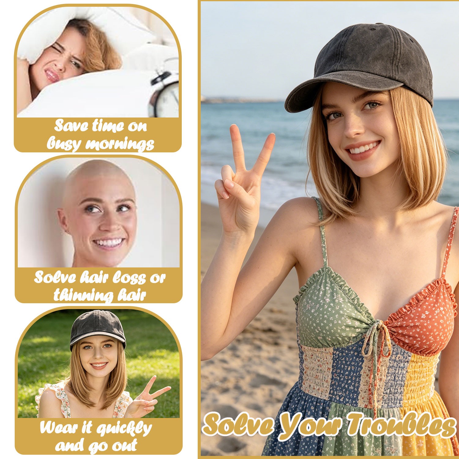 Baseball Cap Hat with Short Synthetic Hair,Baseball Hat Cap with Straight Hair M