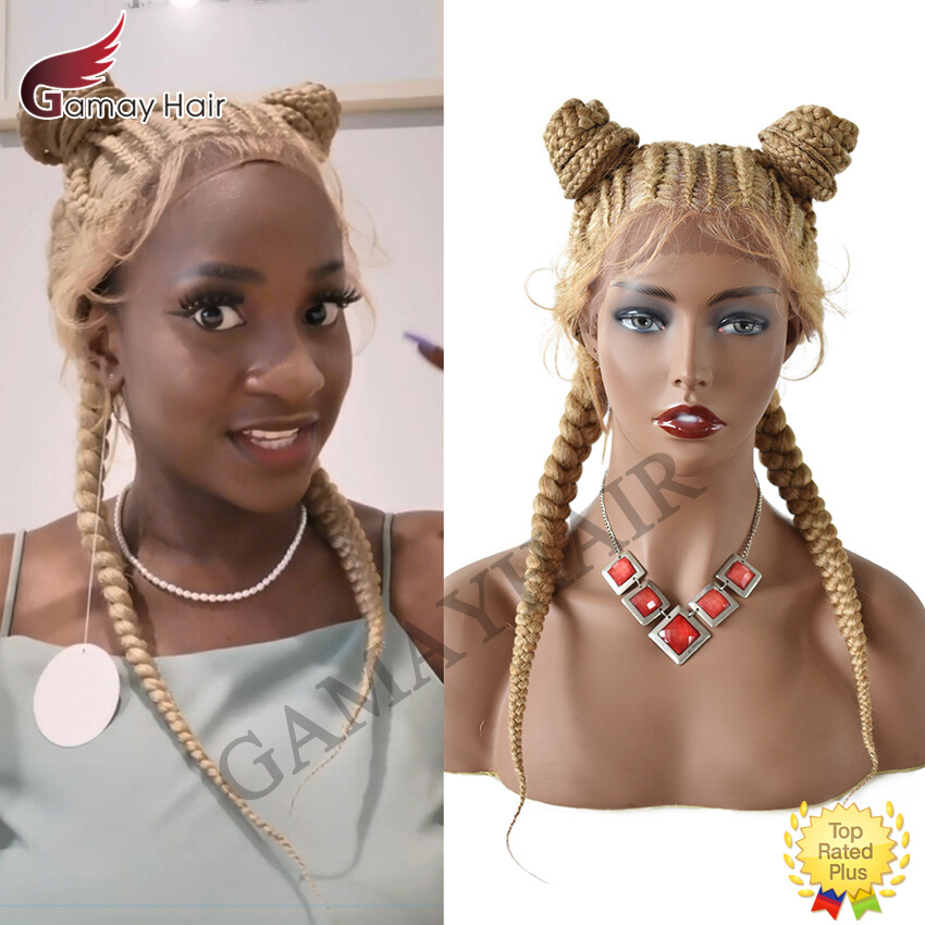 Swiss Lace Front Cornrow Box Braided Women Wigs Baby Hair 2 Updo Buns Ponytails
