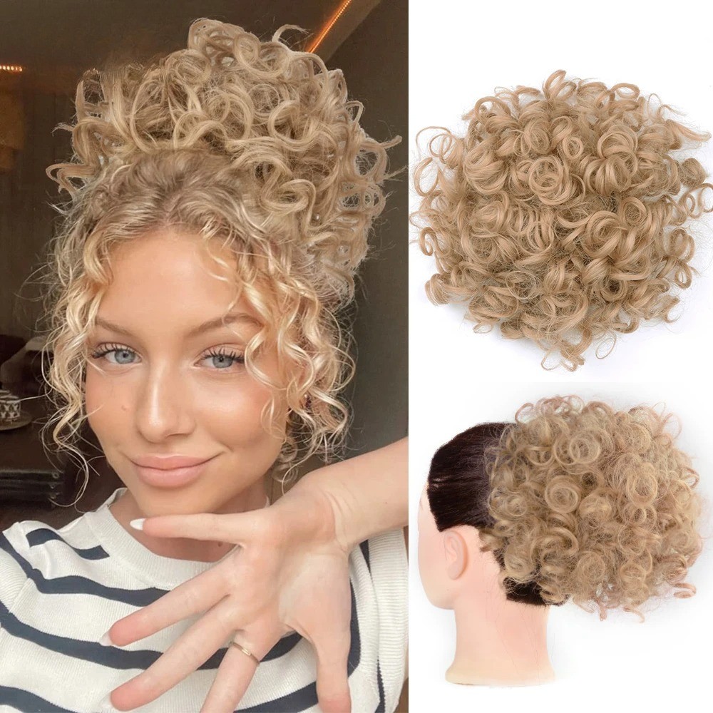 Ombre Blonde Large Curly Synthetic Messy Hair Bun Elastic Drawstring Ponytail