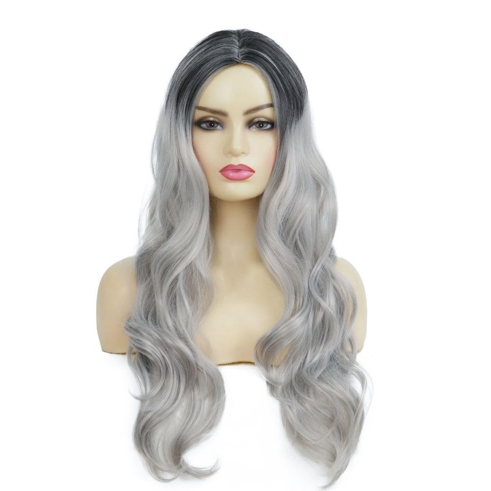 Long Grey Curly Wig for Women Ombre Gray Wavy Synthetic Wig for Daily Party H…