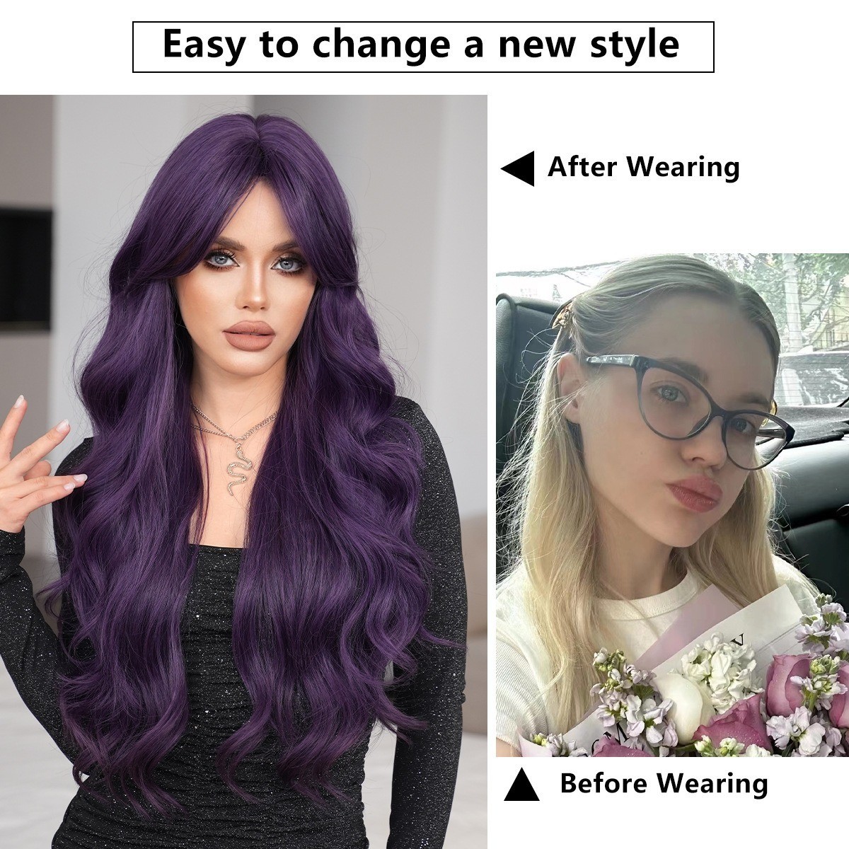 Purple wig woman with long curly hair fluffy deep purple wig full head cover