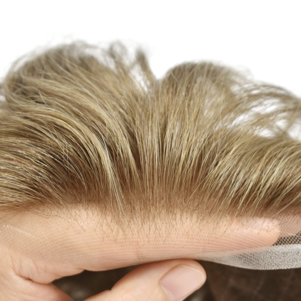 Men Human Hair Replacement Systems French Lace Front Poly Thin Toupee Hairpiece