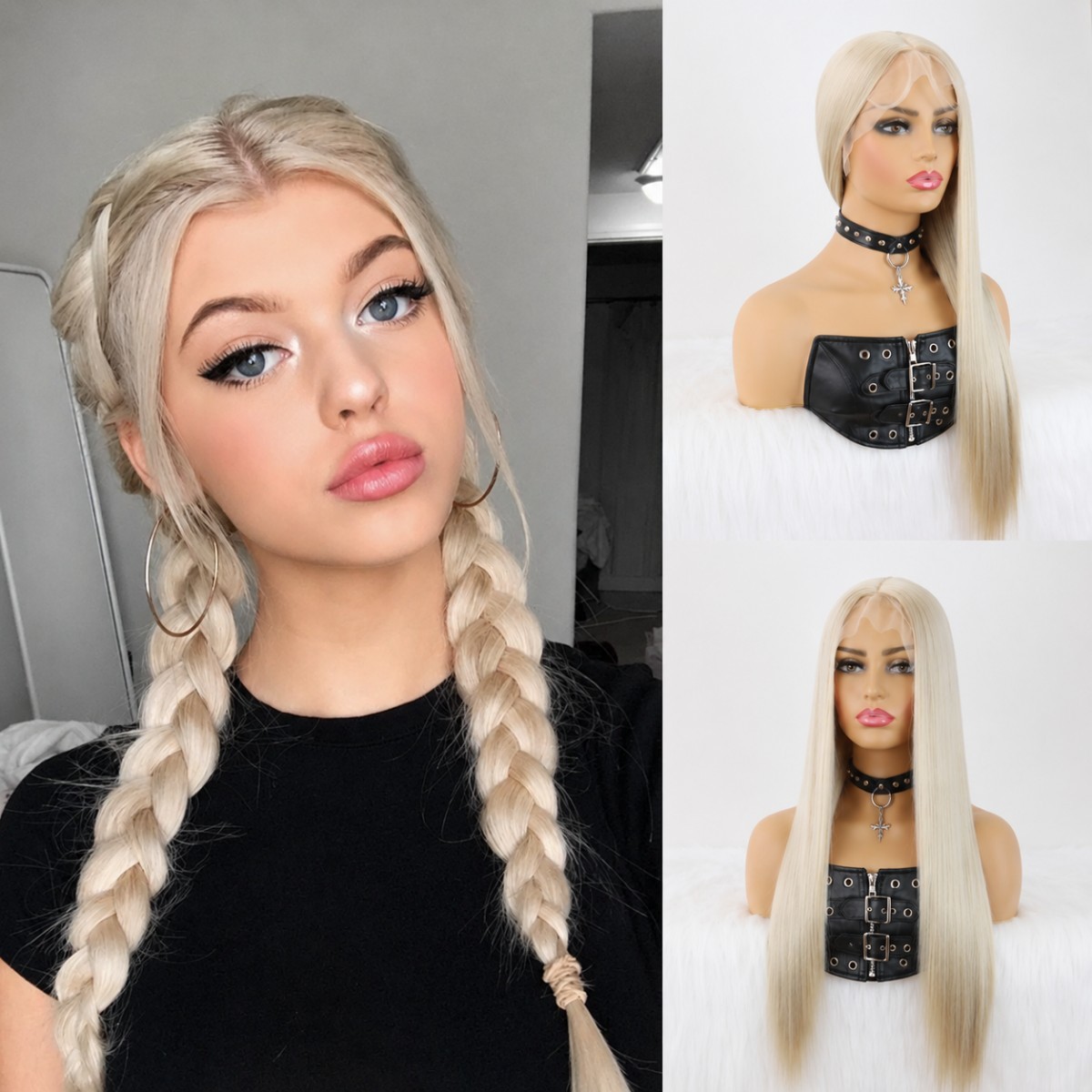 Glue Less Lace Front Wig Blonde Long Straight Synthetic Hair Heat Resistant