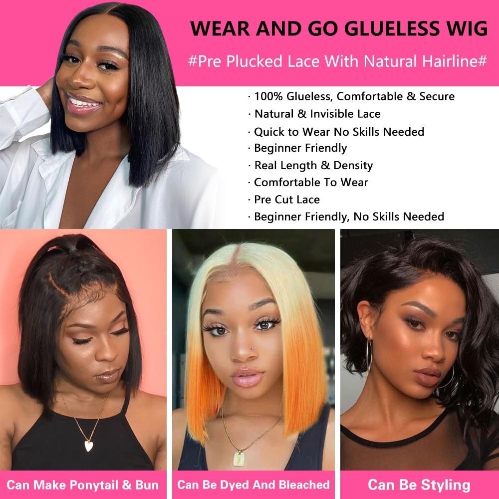 Bob Wig Wear and Go Glueless Human Hair Pre Plucked 4×4 Lace Front Wig Straight