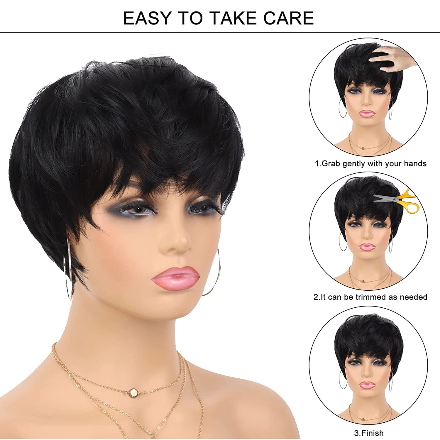 Women Pixie Cut Black Short Bob Wigs Brazilian None Lace Hairstyles Natural Wigs