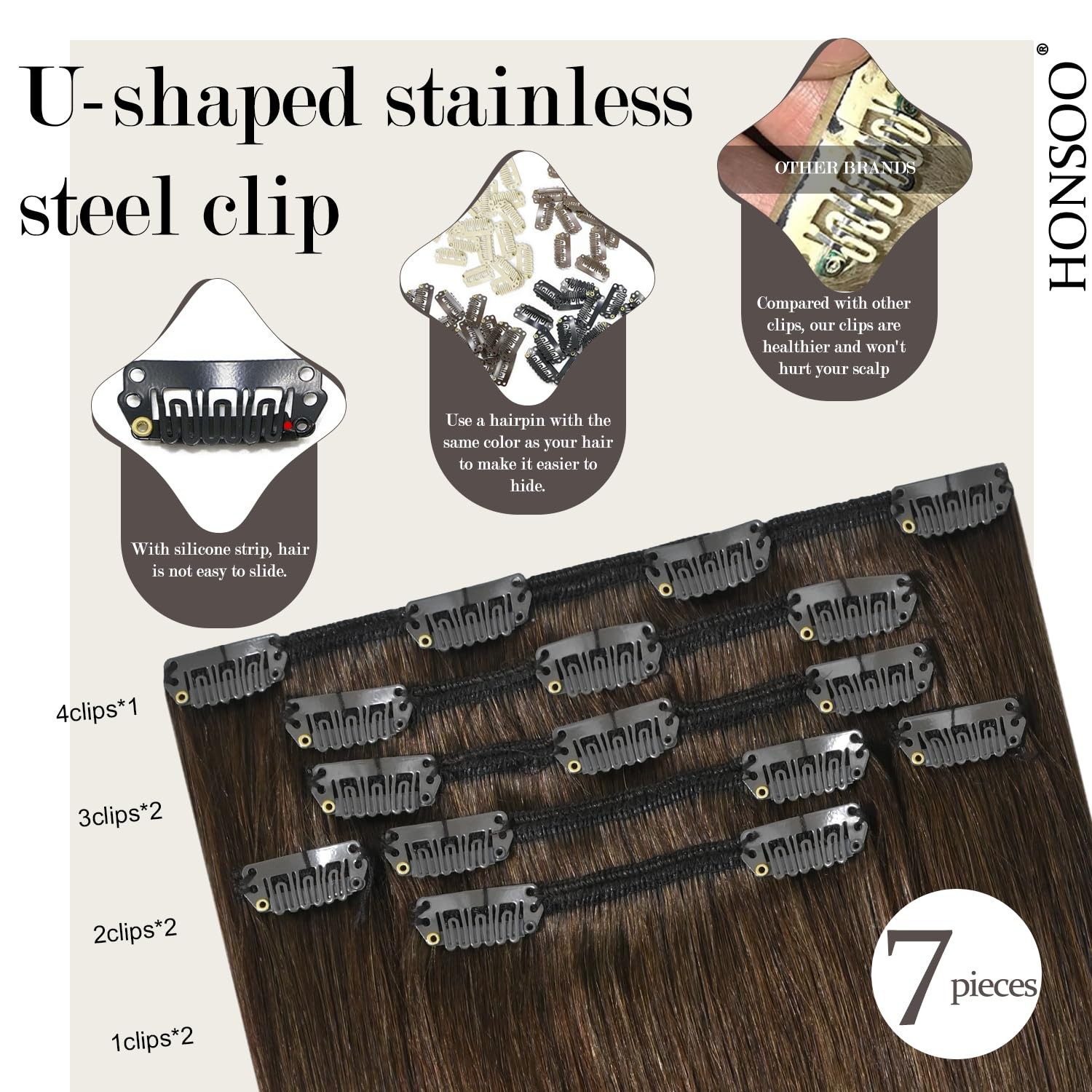 Brown Real Human Hair Clip In Hair Extensions Medium Brown 70g 7pcs 15in Silk…