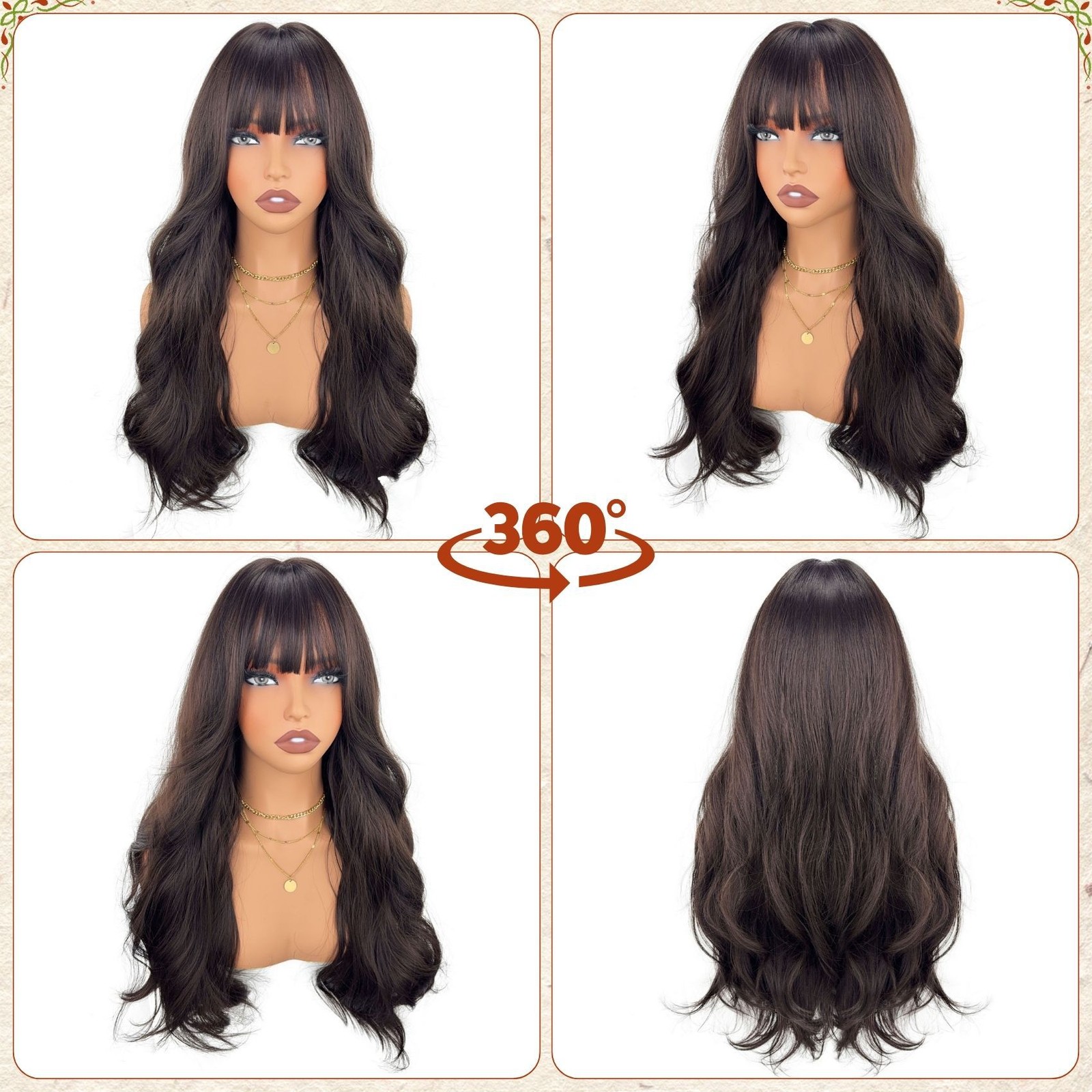 24in Dark Brown Wavy Wig with Bangs Heat Resistant Synthetic Party Wedding