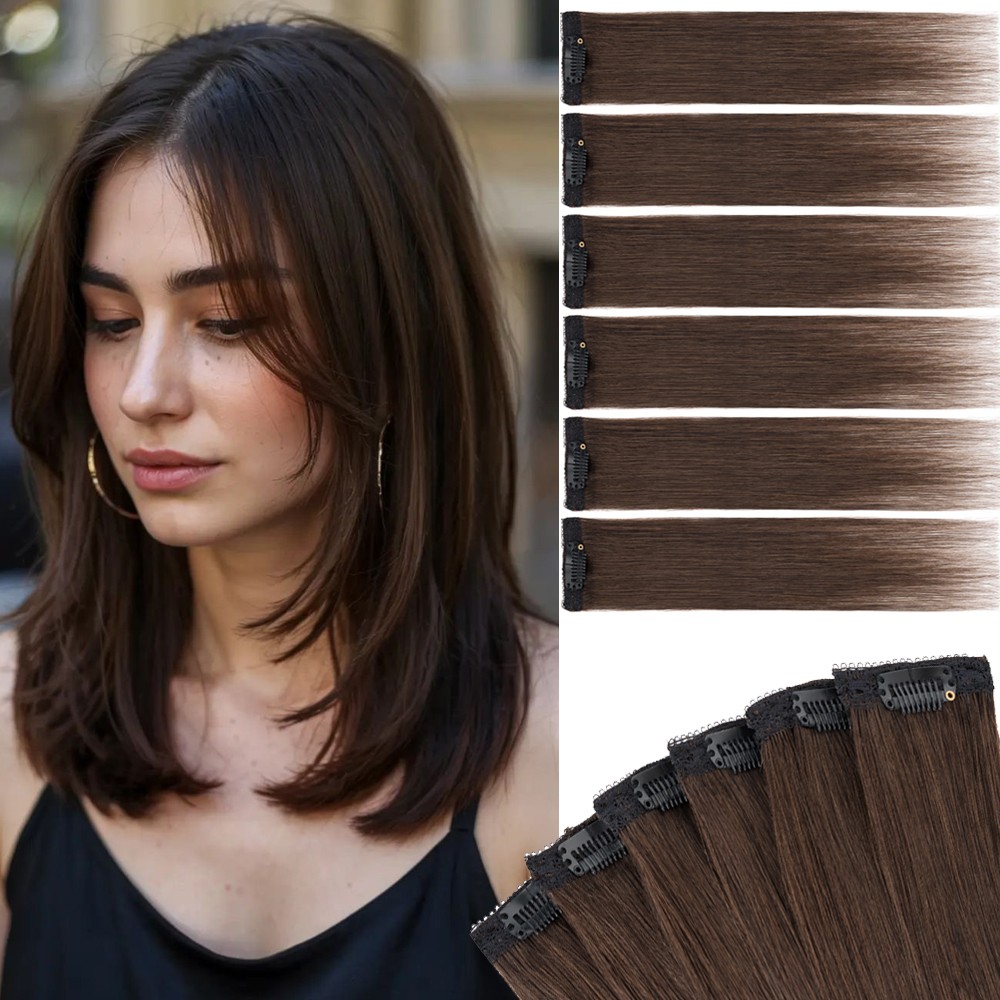 6 Pieces 6 Clips on Clip in Human Hair Extensions Thick Short Straight Lace Weft