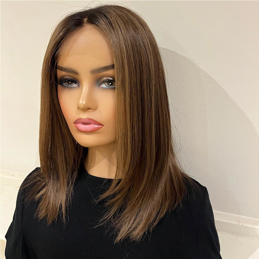 100% Human Hair Lace Front Wigs Ombre Highlight Brown 4×4 Lace Front Wig