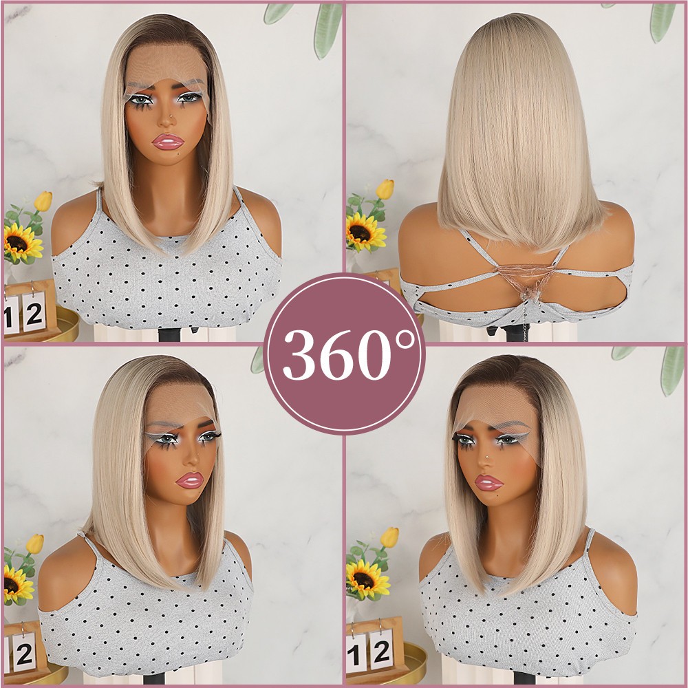 13×4 Short Bob Lace Front Wigs Glueless Brown Roots Ombre Blonde Straight Hair