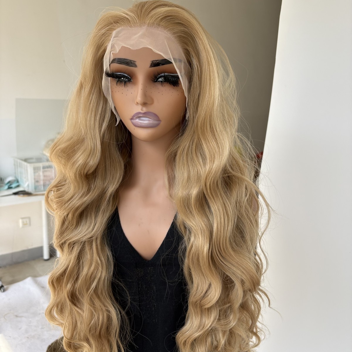 Blonde Long Wavy Glue Less Lace Front Wig Heat Resistant Synthetic Hair