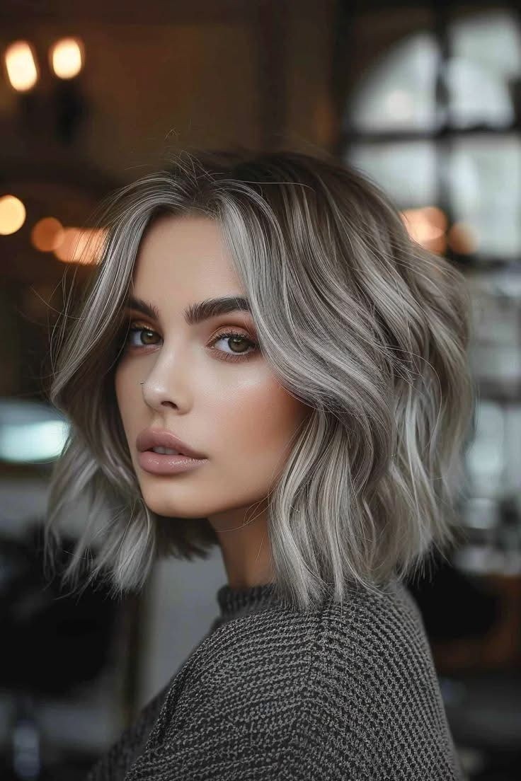 Balayage Ash Brown Silver Gray Highlight Wigs 100% Human Hair Lace Front Wigs