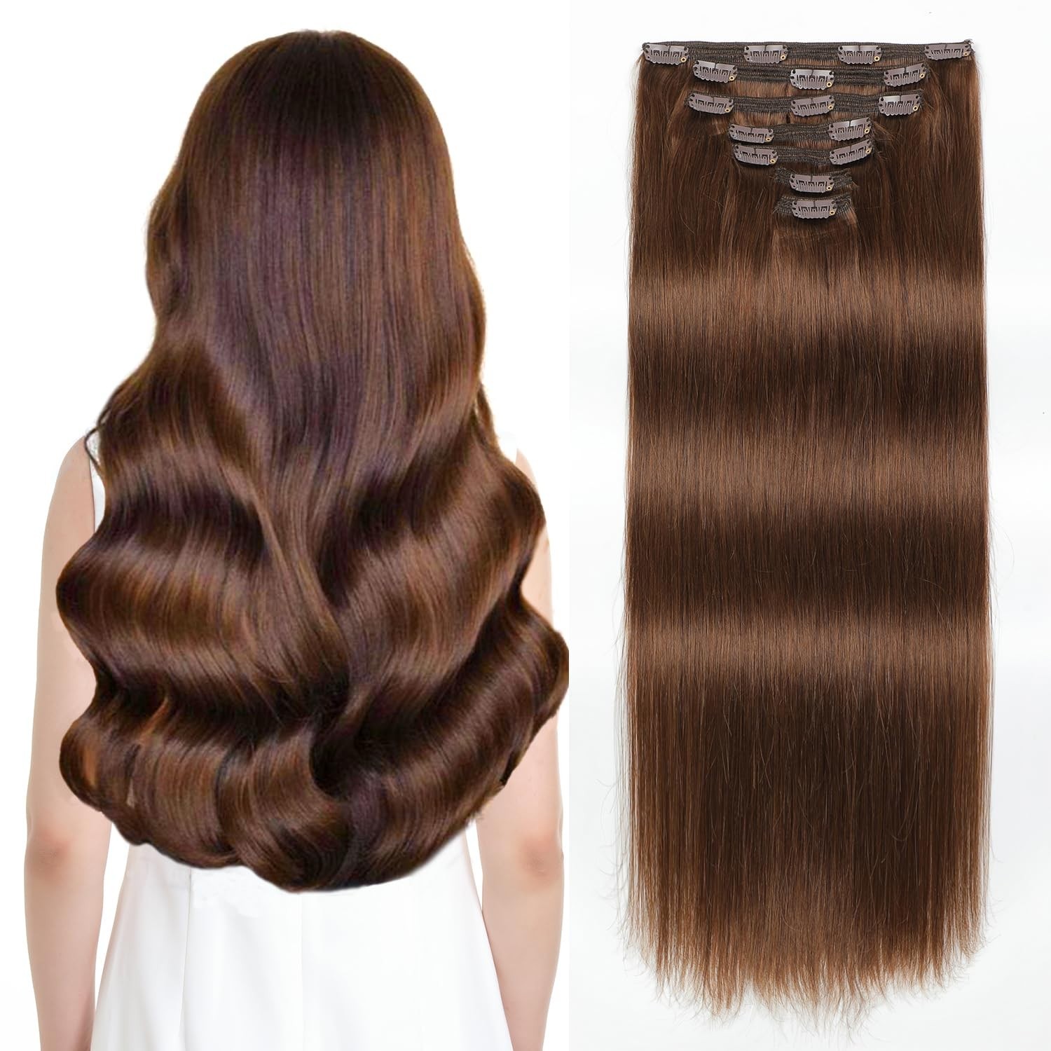 18 Inch Clip-In Hair Extensions, 150g Real Human Hair, Chocolate Brown, Soft Str