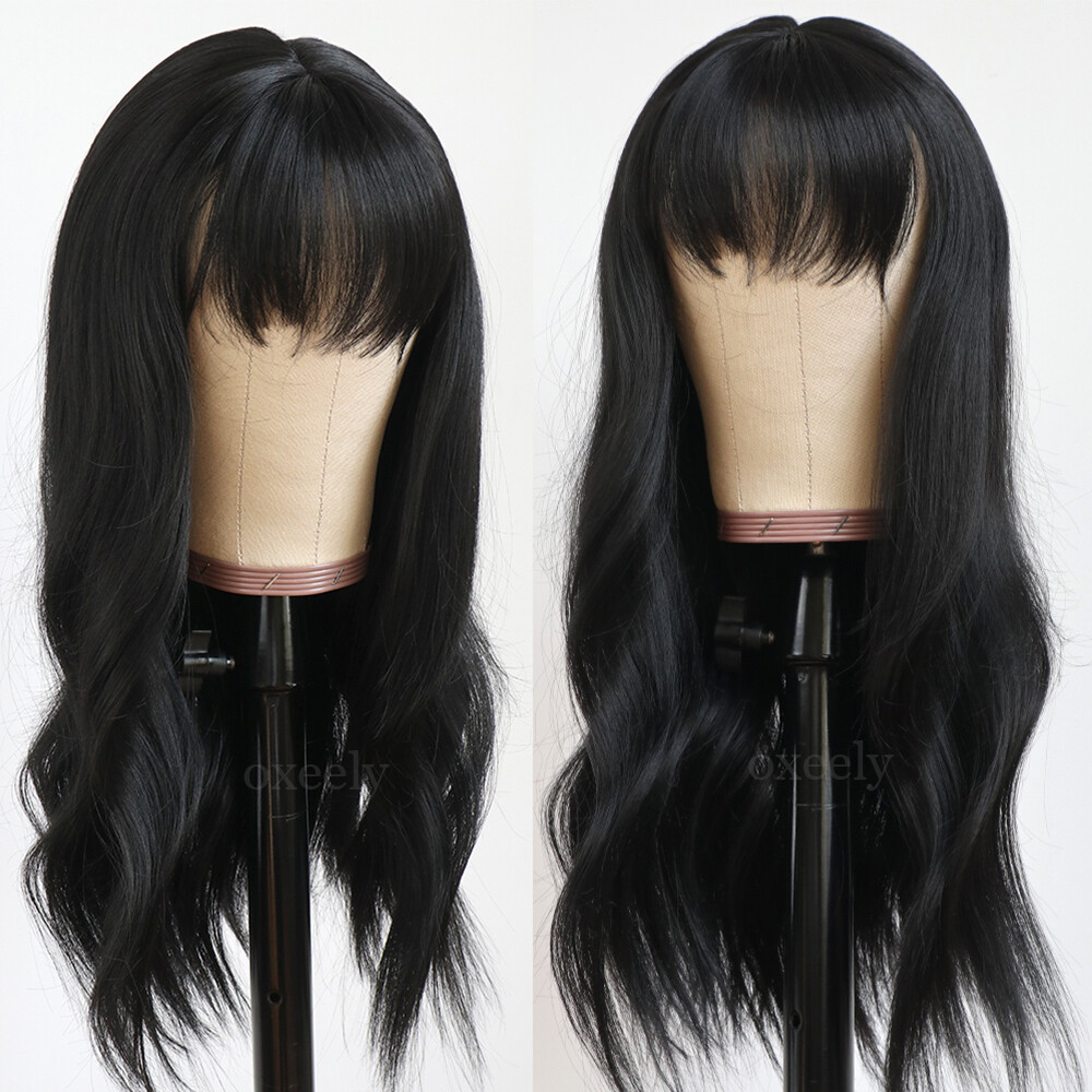 Cosplay Wig With Bangs Heat Resistant Hair Long Wavy Layered Women Black