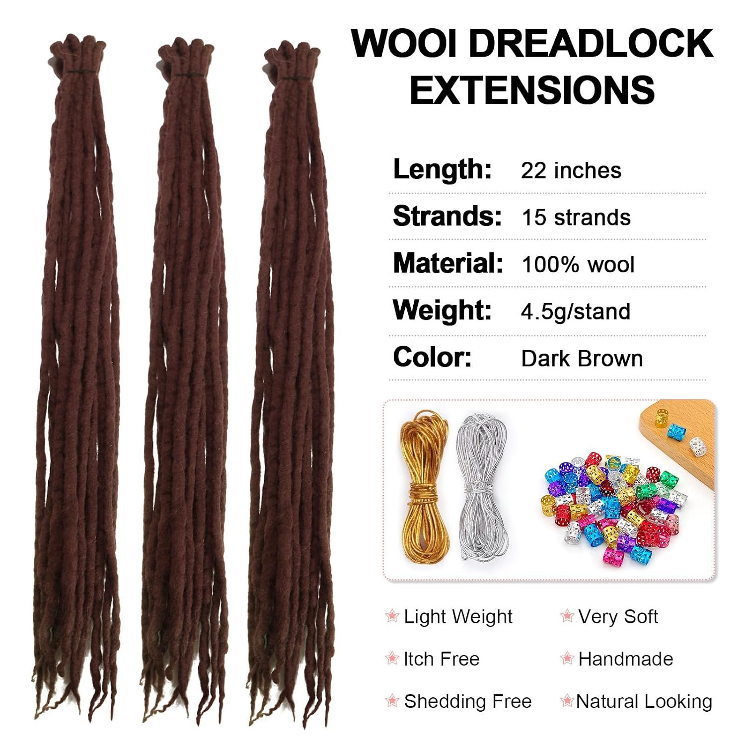 Dreadlock Extensions Dark Brown Wool Double Ended DE End Dreads 15 Strands