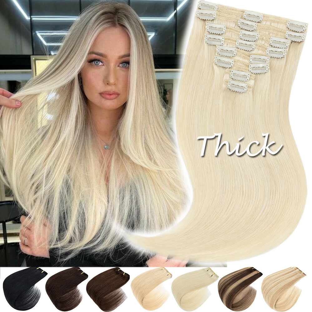 Extra Thick Double Weft Remy Clip In 100% Human Hair Extensions Full Head Blonde