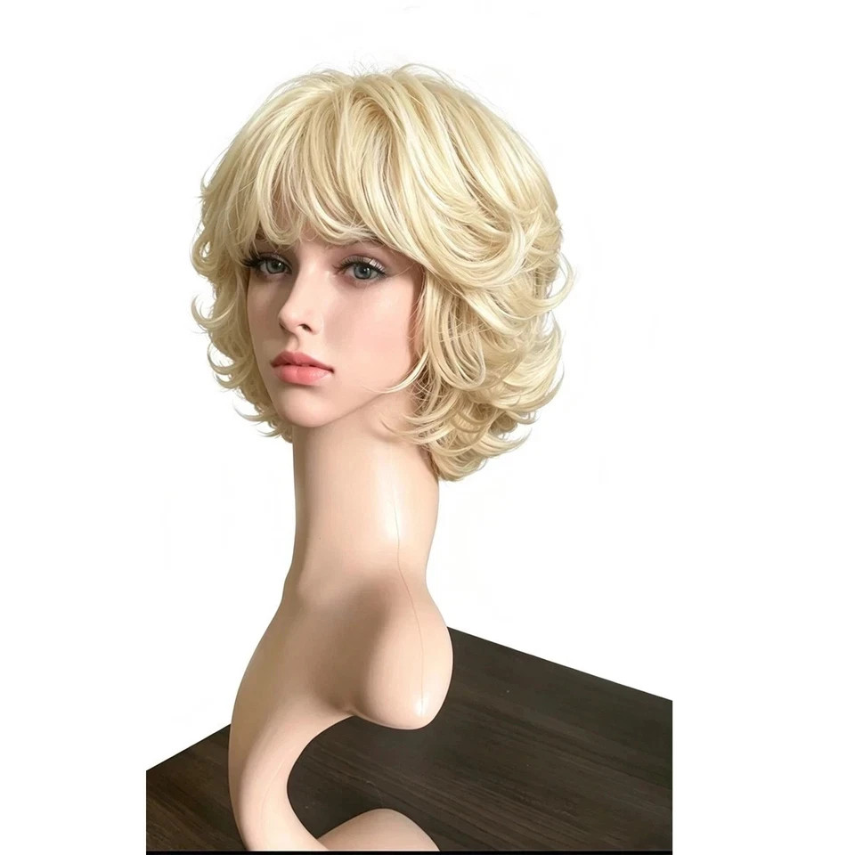 6 Inch Short Layered Wavy Bob Wig for Women, Pale Blonde Synthetic