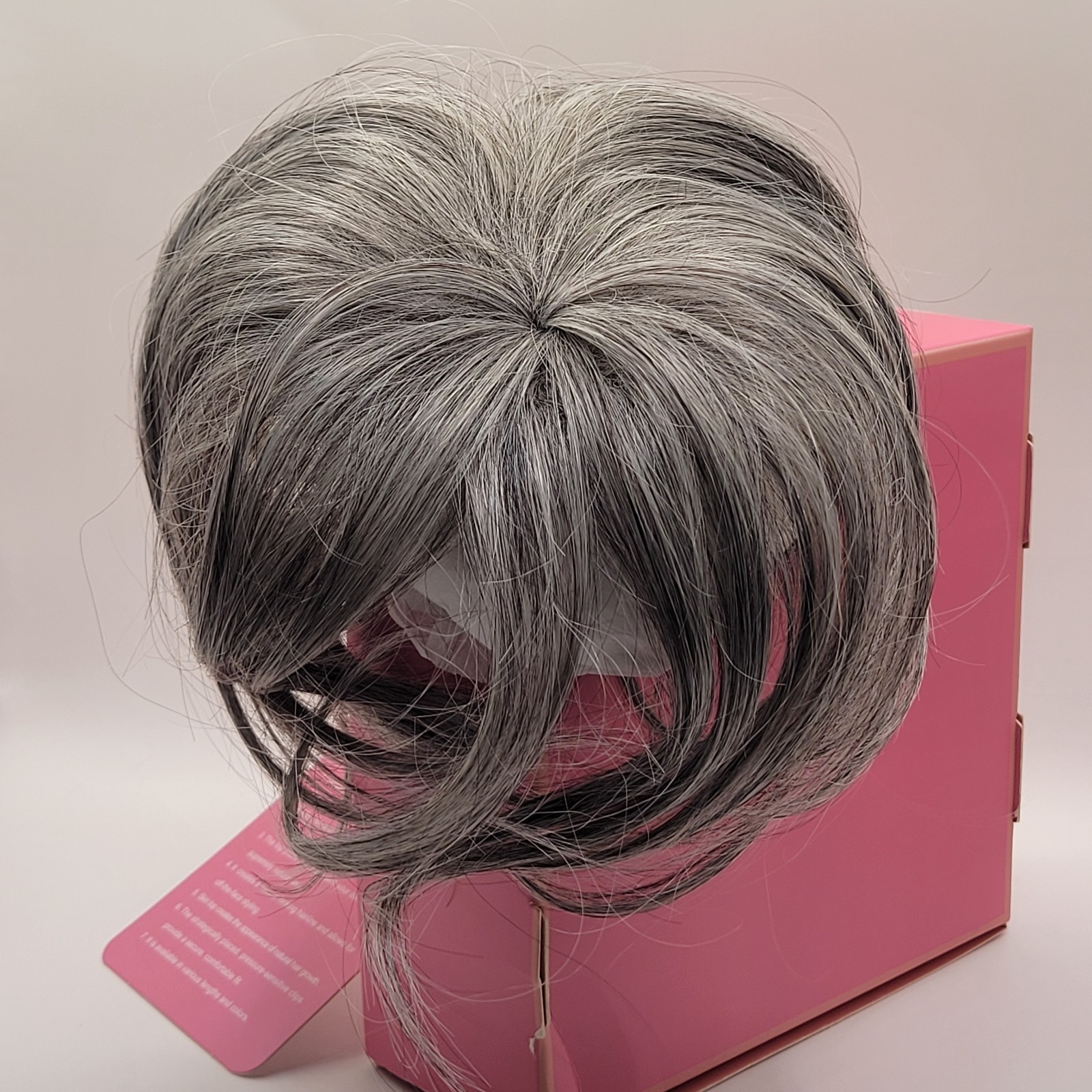 Hair Topper Natural Hair 5×6 Clip in Short Wiglet Gray Salt & Pepper Wavy Bangs