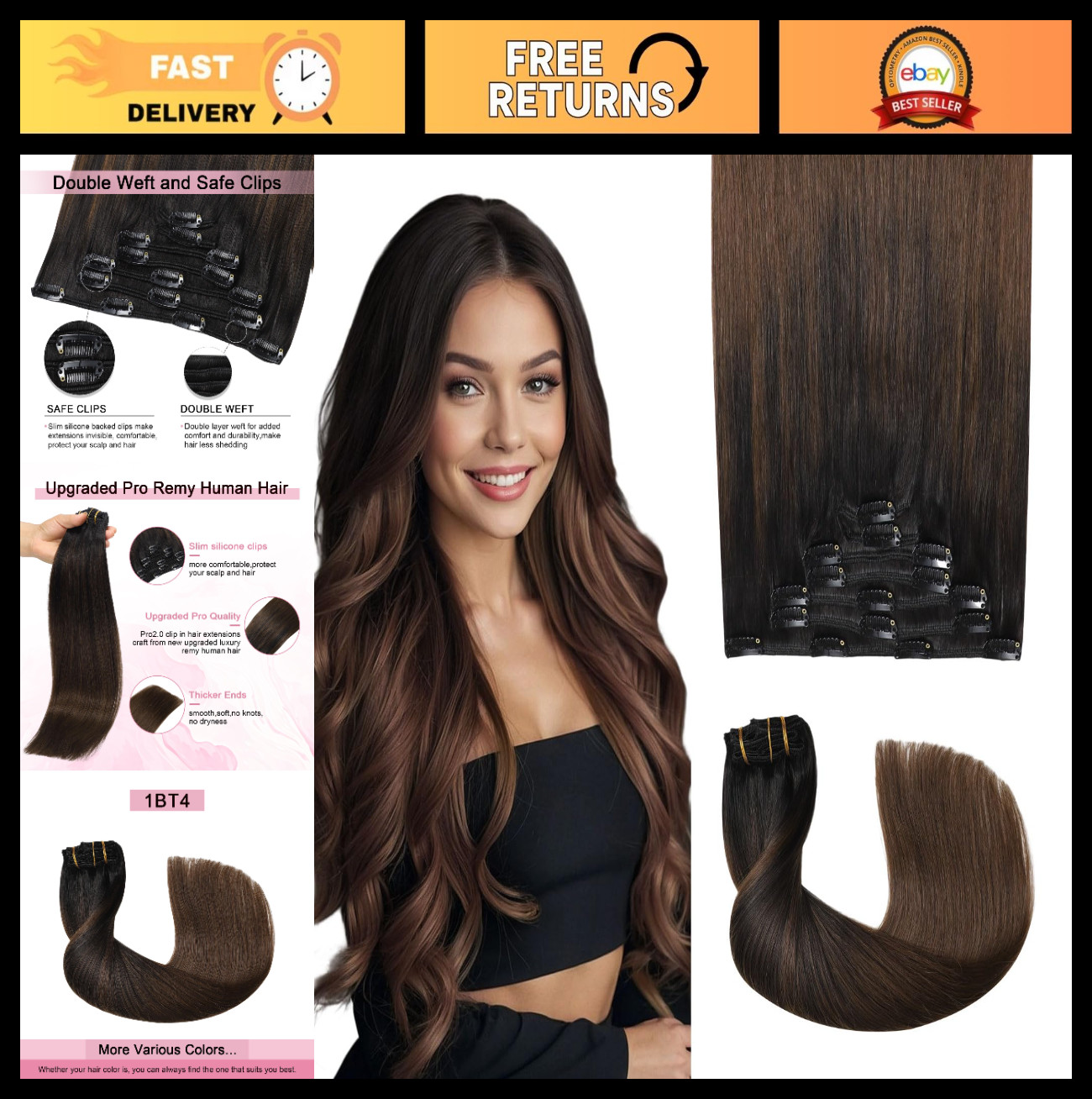 22″ Clip-In Real Human Hair Extensions 7pcs #1BT4 Natural Black to Brown 120g