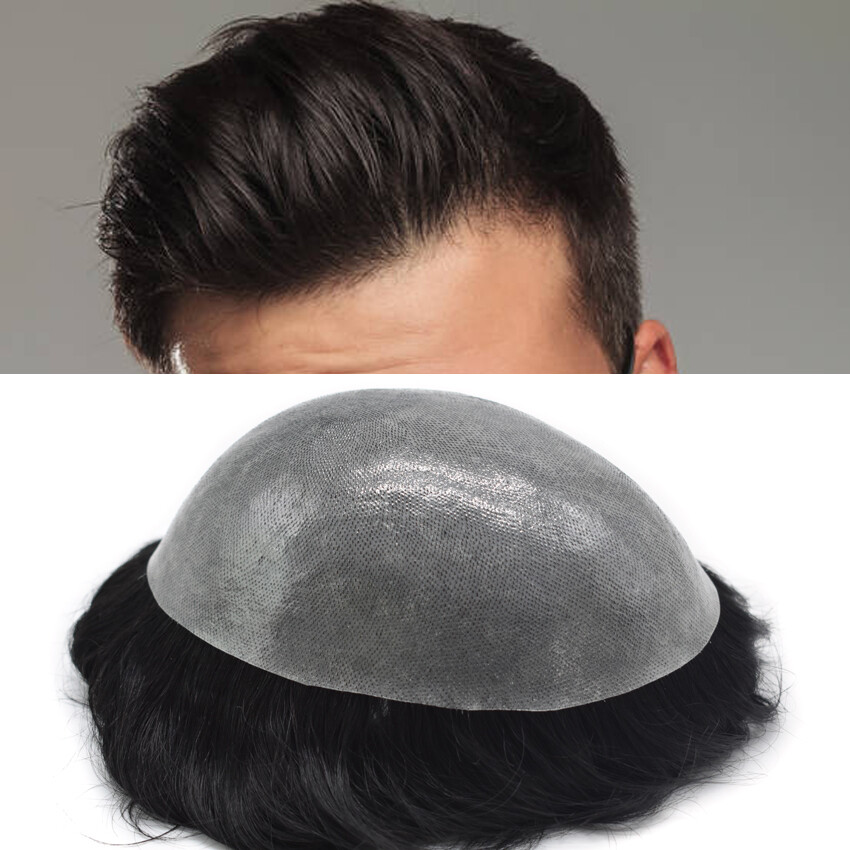 Full PU Mens Toupee Durable Poly Invisible Thin Skin Human Hairpiece Wig PAPY