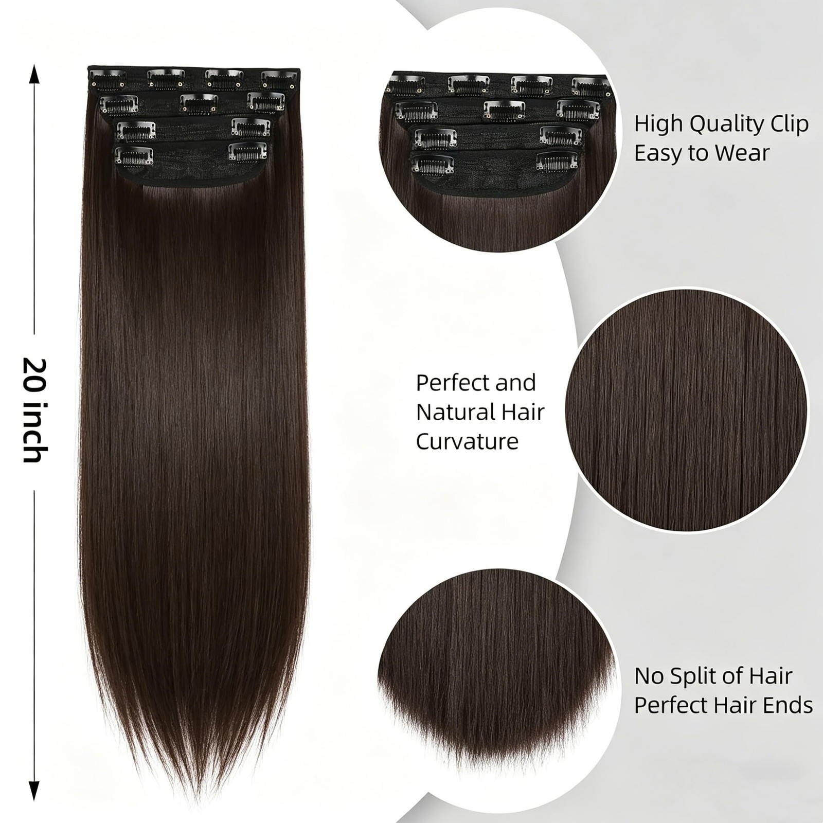 Dark Brown Clip in Hair Extensions 20 Inch Long Straight 4PCS Synthetic