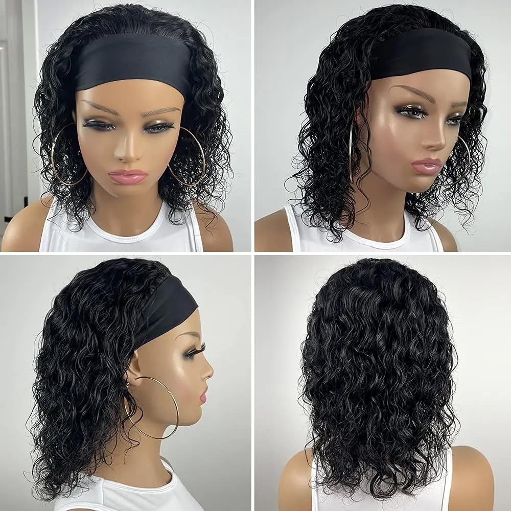 Water Wave Headband Human Hair 150% Density Afro Wigs for Black Natural Curls…