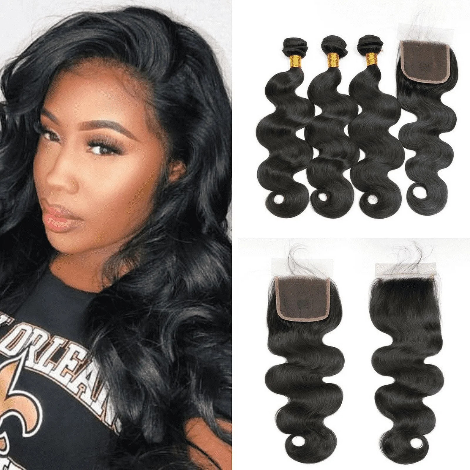 Ustar Body Wave Human Hair Weave Plus Closure Natural Black – Bundles: 12,14,16