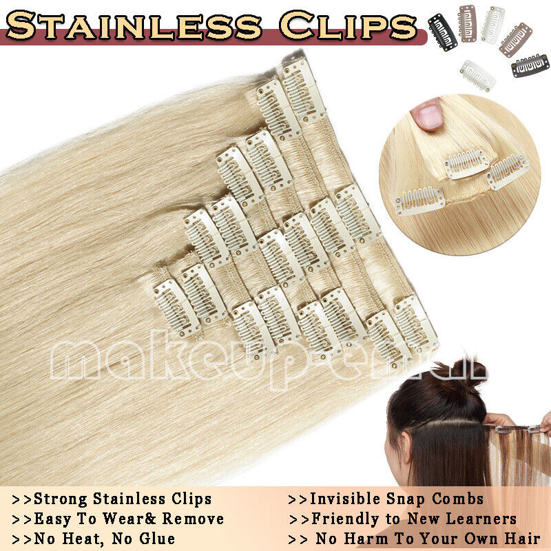100% Clip In Remy Human Hair Extensions Full Head Black/Brown/Blonde Straight