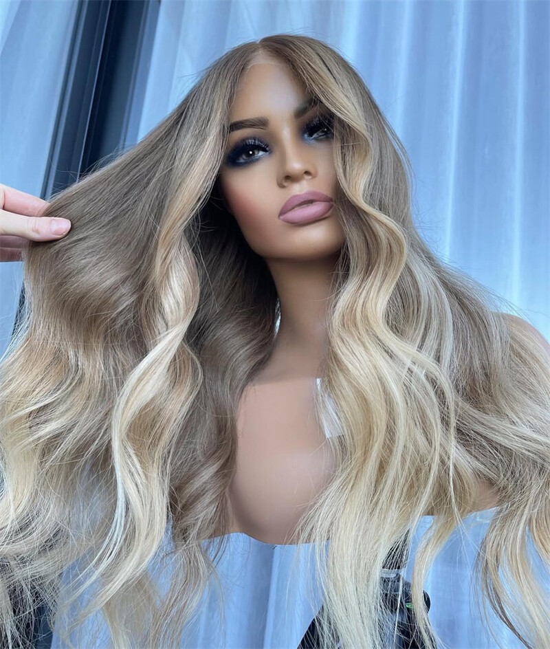 13×4 Lace Frontal Wig Human Hair Ombre Ash Brown Blond Body Wave Pre Plucked