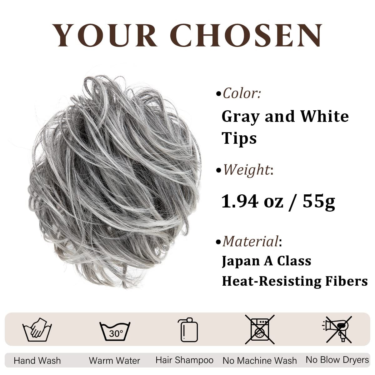 CJL HAIR Large Messy Bun Hair Piece Wavy Curly Straight, S-Salt and Pepper