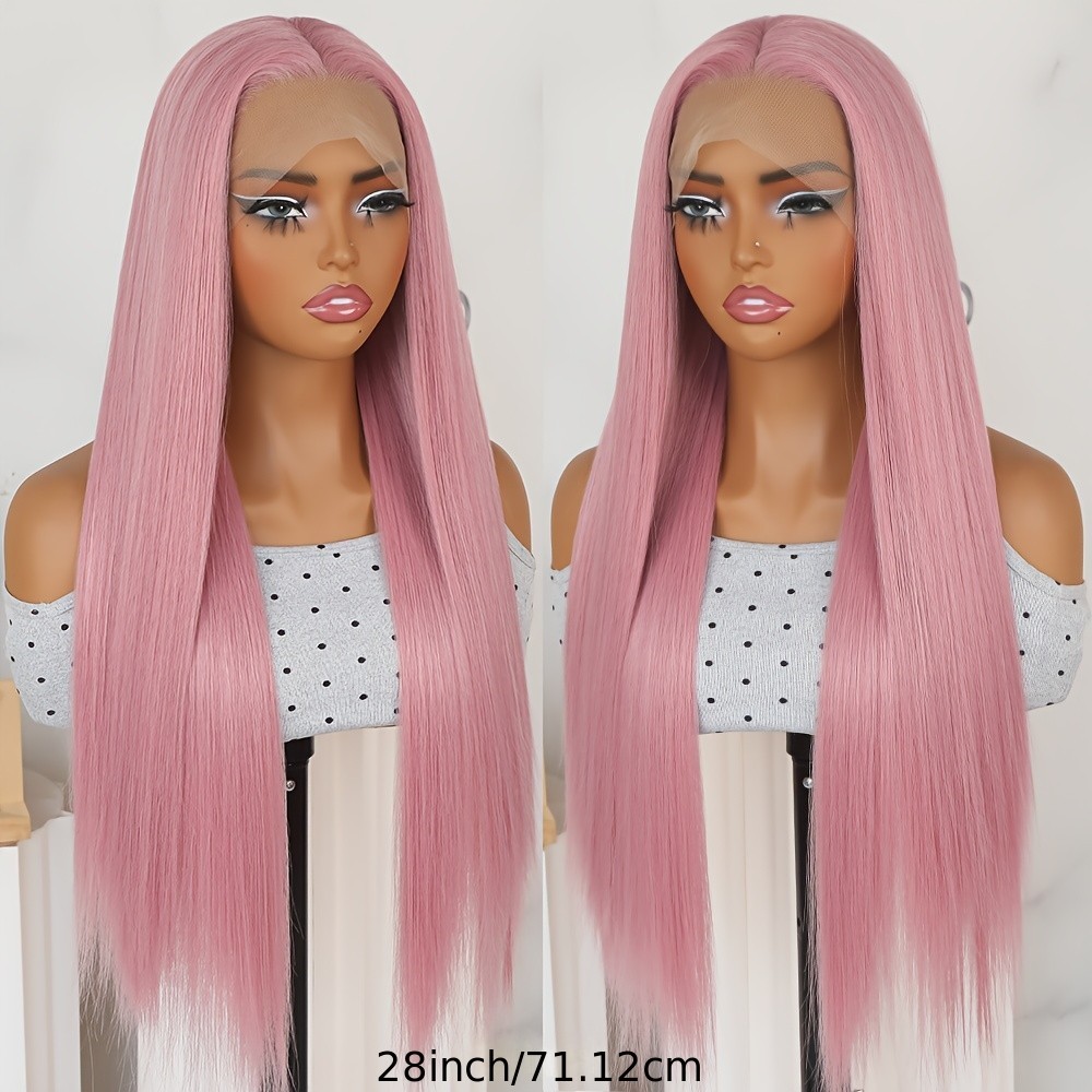 Pink Lace Front Wig Long Silky Straight Hair Glueless HD Lace Replacement Wigs