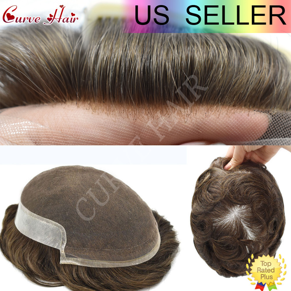 Men Human Hair Replacement System French lace Front Thin Skin Toupee Hairpiece