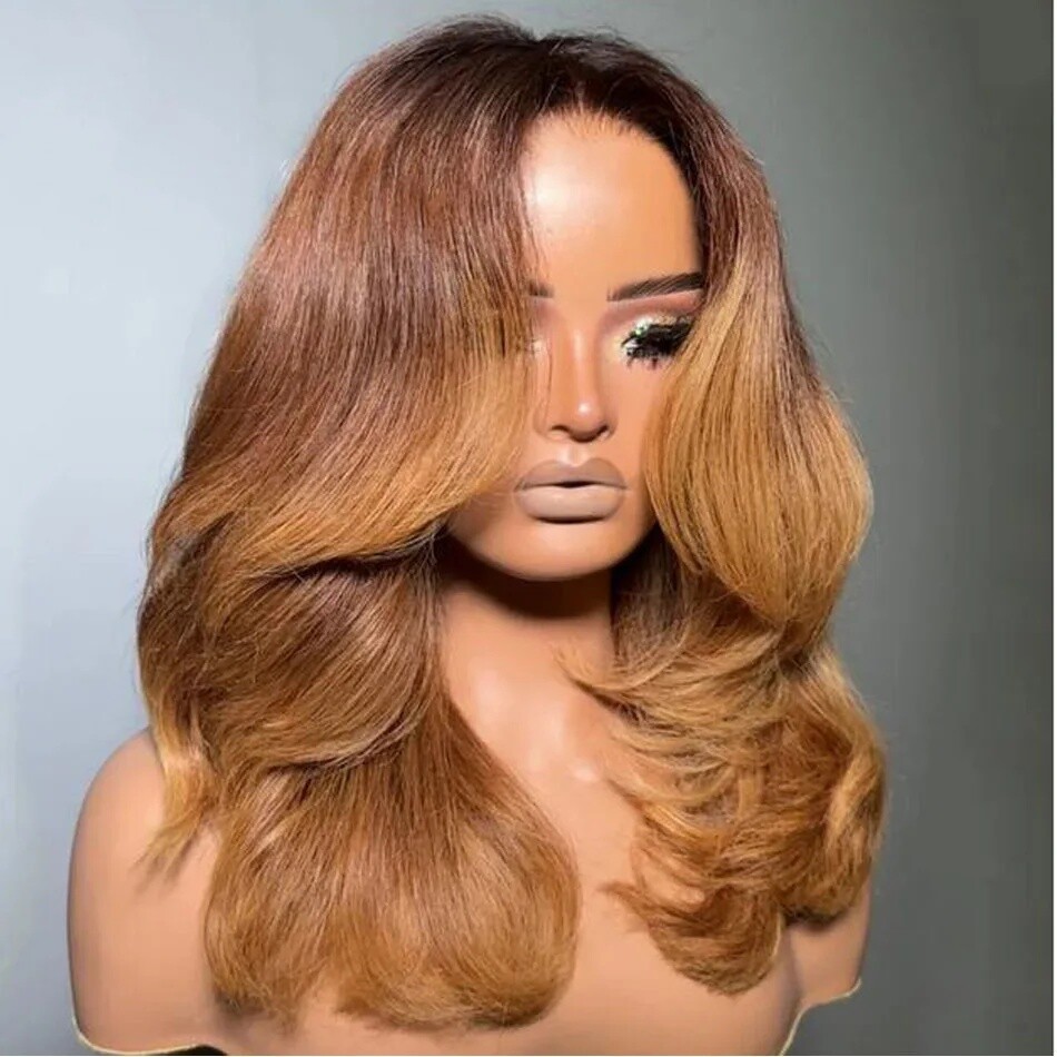 Ombre Light Brown Layered Cut Wavy 4×4 Lace Front Human Hair Wigs Pre Plucked