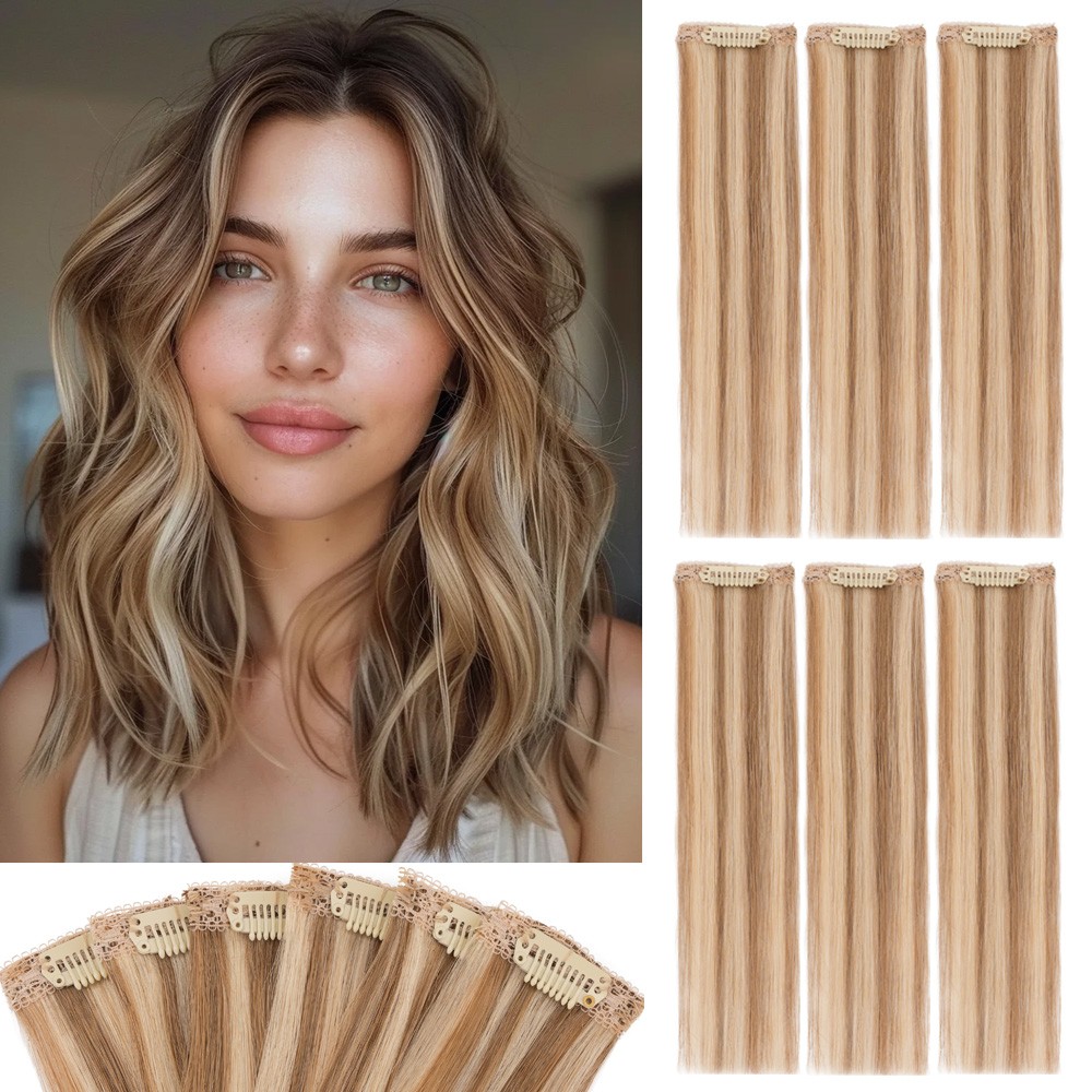 6pcs 6 Clips in 100% Human Hair Extensions Short Hairpiece Lace Weft Balayage US