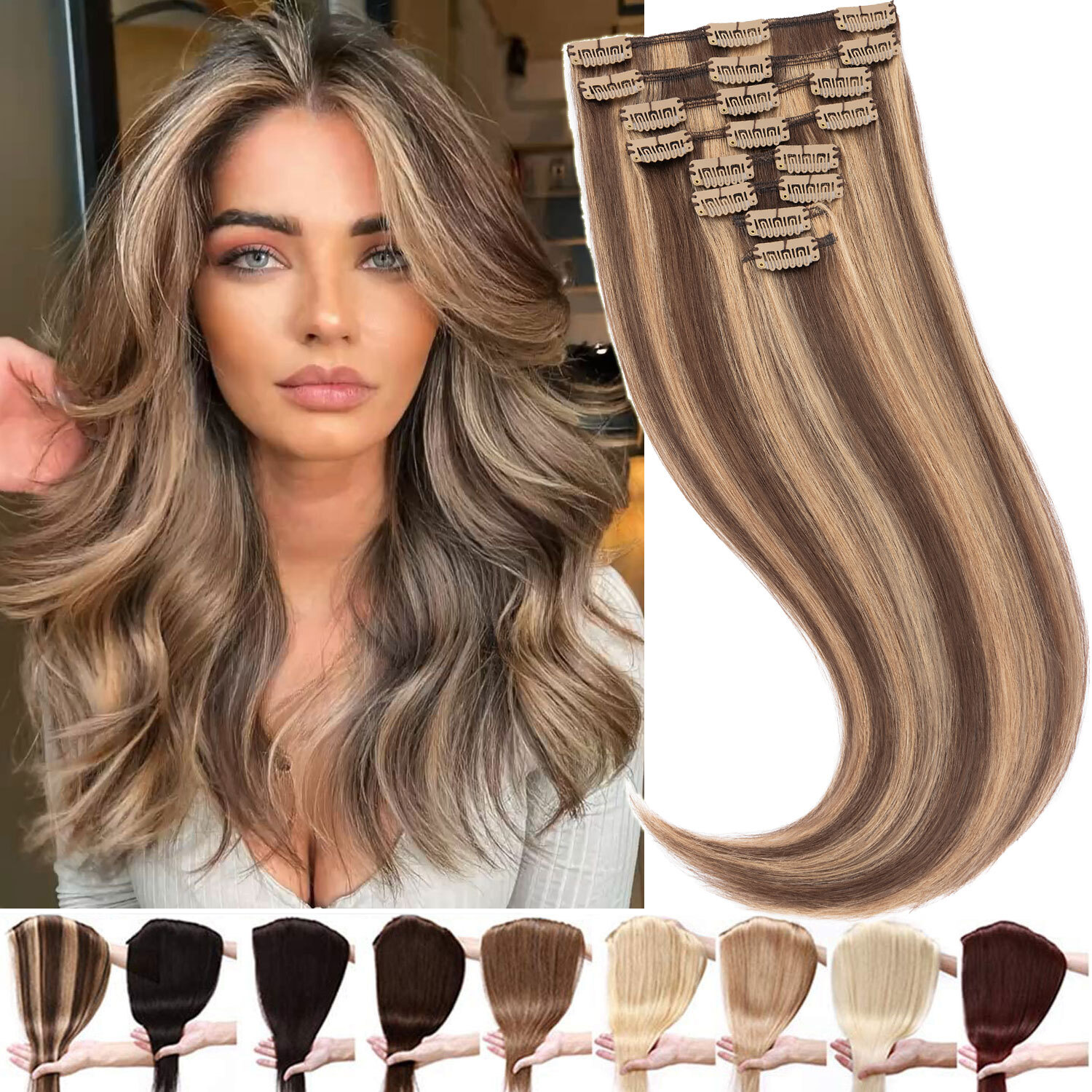Premium Clip In 100% Real Human Remy Hair Extensions Full Head Highlight LONG US