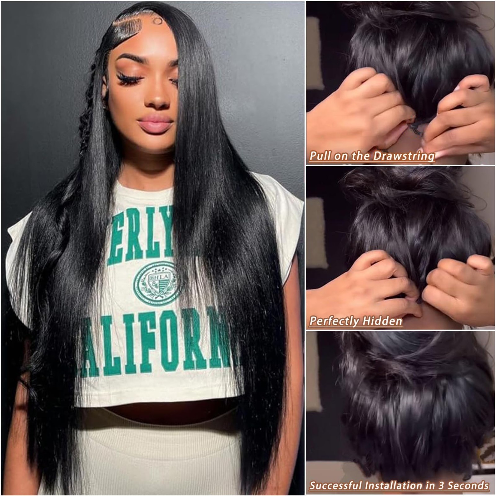 24 Inch V Part Wig Human Hair – Straight Glueless Half Wig, Clip-In, No Leave Ou