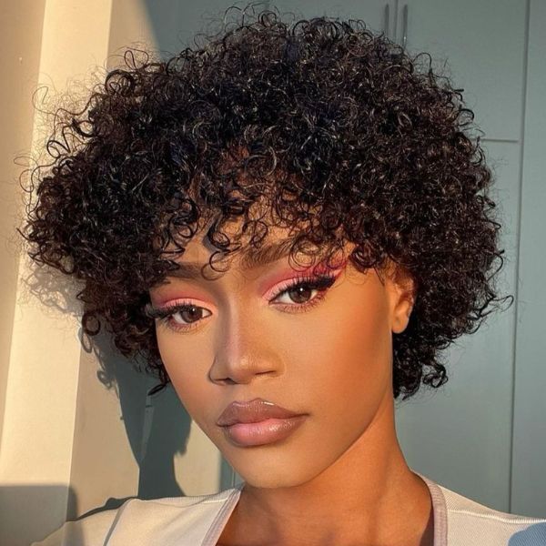 Human Hair Short Curly Wigs 6 Inch Natural Black Pixie Cut Afro Kinky Curly Wigs