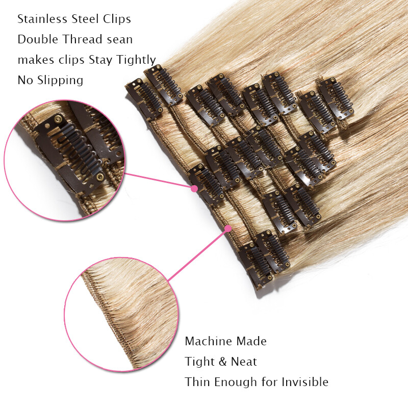Russian Platinum Clip In Remy Human Hair Extension Full Head 8″-24″ 100% Real US