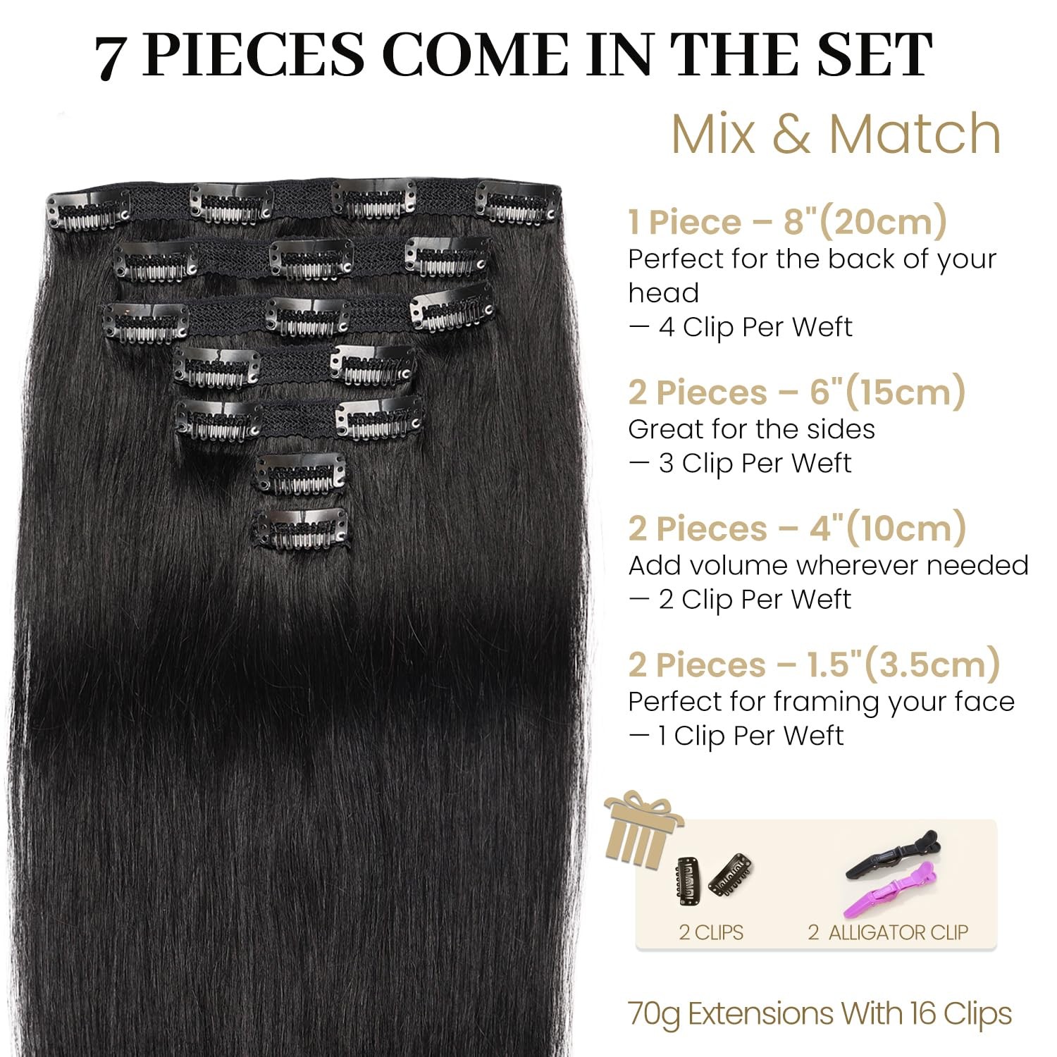Clip in Hair Extensions Remy Human Hair 12inch 70g #1B Natural Black – Soft