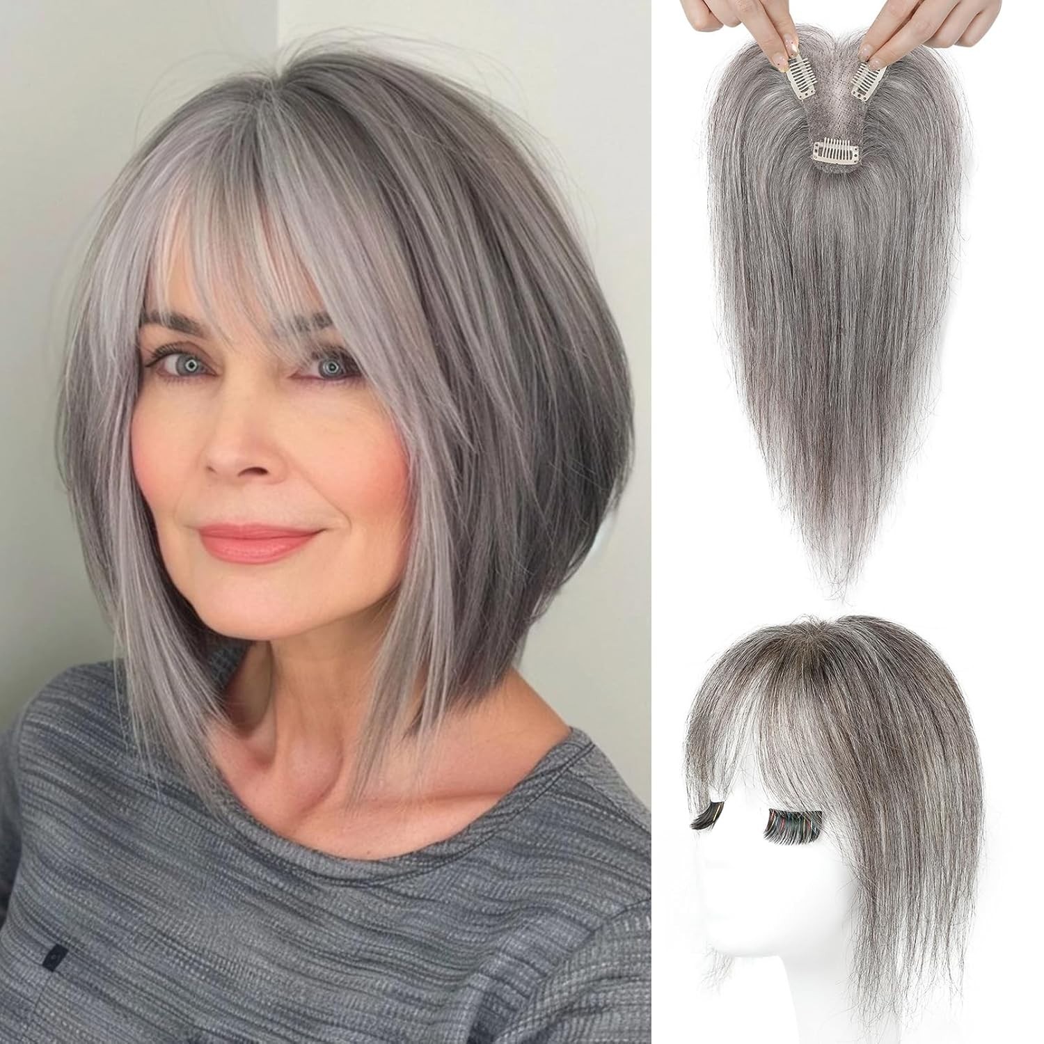 Dark Gray Mixed Black w/ Bangs 10in 100% Human Women Hair Topper
